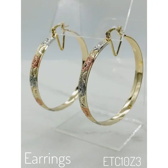 14k Gold Hoops, Tricolor Gold Hoop Earrings, Brazilian Gold - Picture 2 of 5